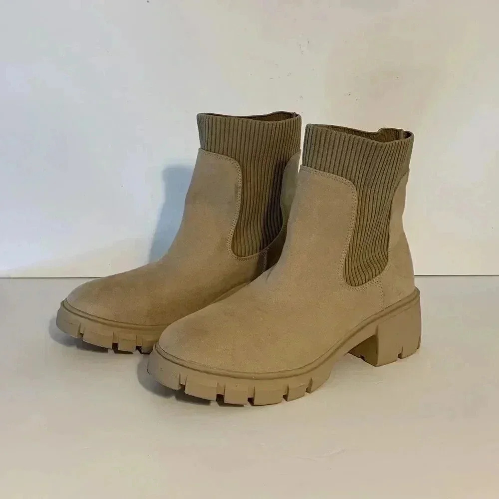 Women’s Sincerely Jules Ashville Tan Boots Knit Stretch Faux Suede Size 10